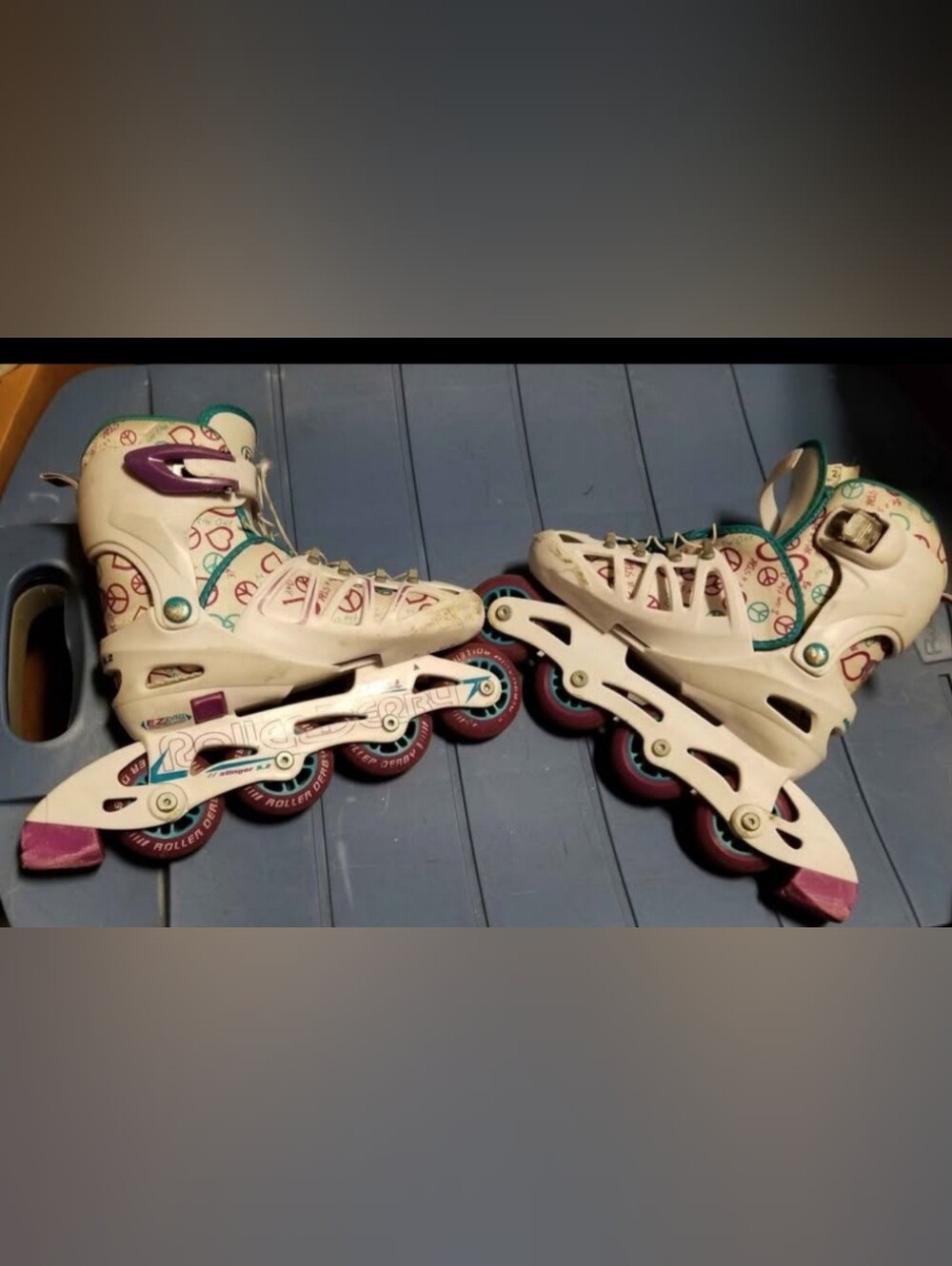 Pre-loved Children's white, purple & turquoise Inline roller skates.
